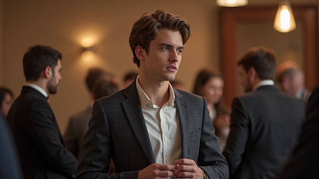 Persoon kijkt onzeker tijdens een sociaal evenement terwijl anderen spreken